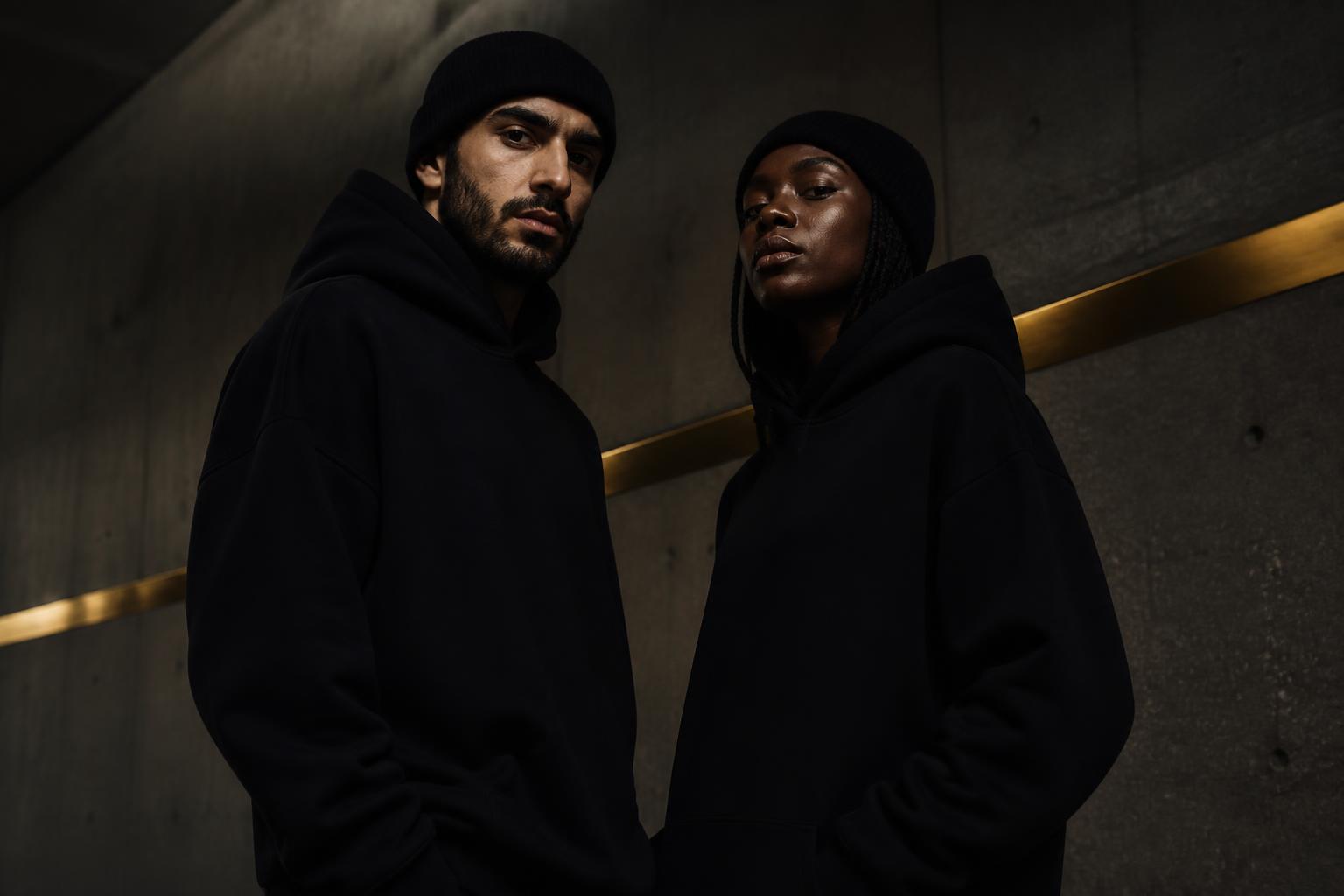 Two models wearing premium black APEX hoodies against a concrete wall